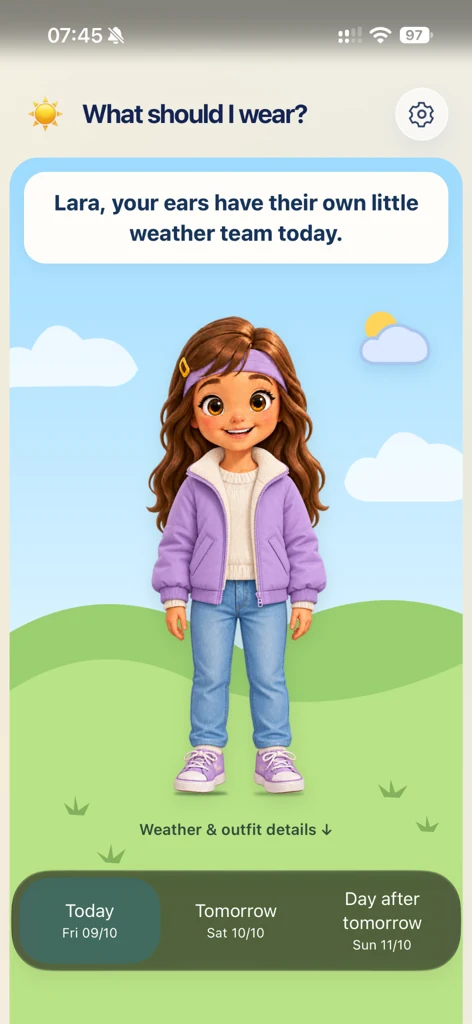 App-Vorschau: Mädchen mit lila Jacke und Outfit-Empfehlung