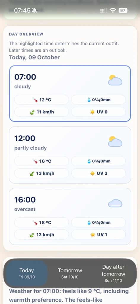 App-Vorschau: Wetterwerte für Früh, Mittag und Abend